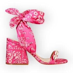 7 SCHUTZ Malia Cowrie Bandana-Print Slide Sandals HotPink Magenta